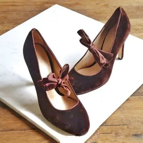 Rebecca Taylor Velvet Mary Jane Heels with Bow Romantic Fall Holiday Party Pumps - Picture 1 of 16